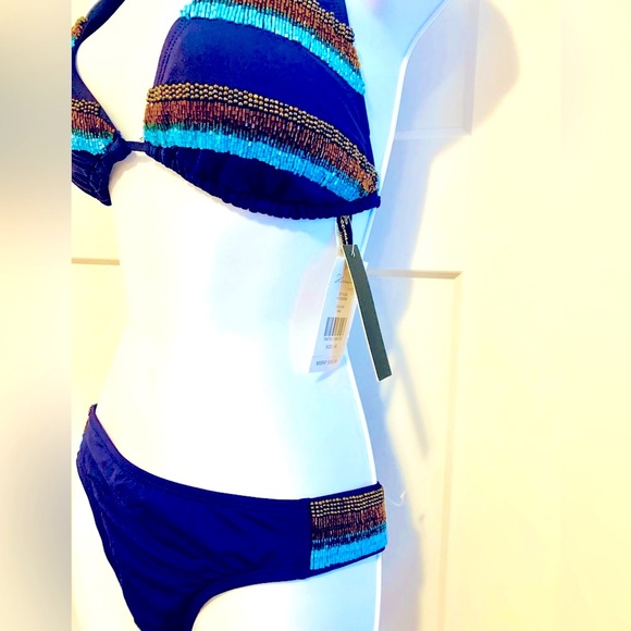 VIX PAULA HERMANNY GORGEOUS BEADED BIKINI NWT BOHO SUPER SEXY NAVY BLUE & GOLD - Picture 2 of 8